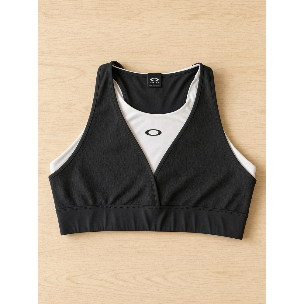 Oakley Performance Fit Sports Bra Black White Layered Racerback Women L XL